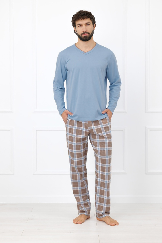 Italian Fashion Dante Herren Baumwoll-Pyjama Lang Kariert-Hose - Stahlfarben