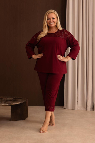 Damen-Pyjama Regina 4014 100% Baumwolle Spitze Langarm 3/4 - bordeaux