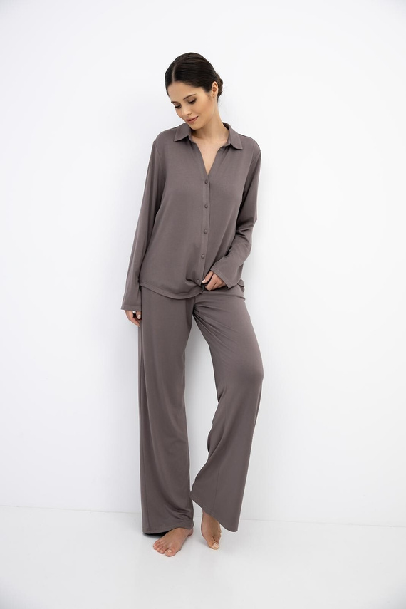 Sensis Lyra Mocca Damenpyjama aus Viskose, lang, mit Knopfleiste