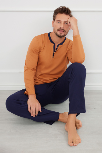 Julius Herren Schlafanzug langarm, lange Hose Italienische Mode - cognac/grün 