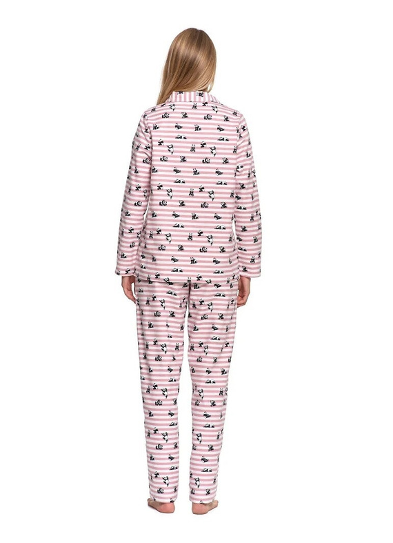 Damenpyjama Moraj PDD6300-002 rosa – Baumwollflanell, gestreift mit Panda-Motiv