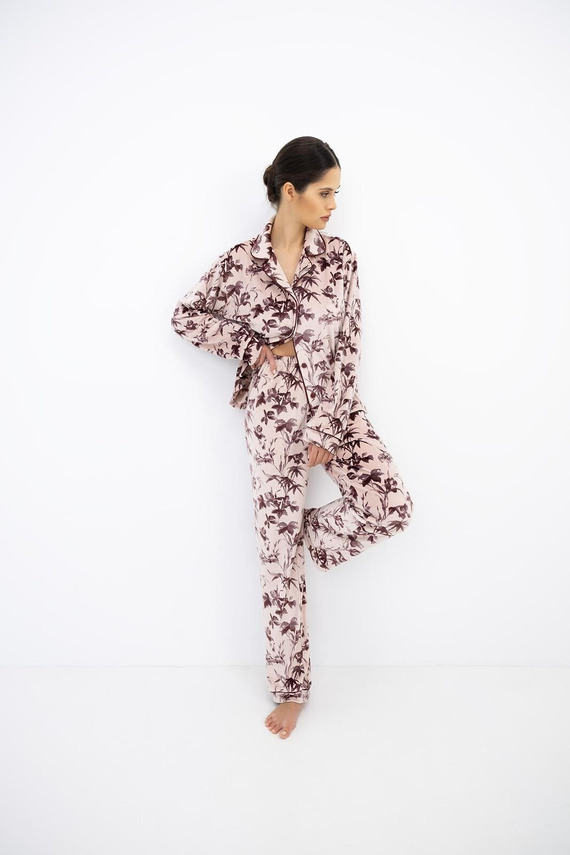 Sensis Thalia Damen Velours-Pyjama mit Knöpfen, lang, rosa