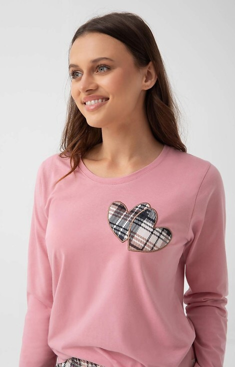 322 Luna Pink – Damen-Pyjama aus Baumwolle, Herzen, lange Ärmel, karierte Hose
