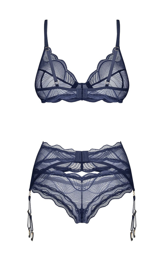 Obsessive Nightly Blue 3-PCS Set – Spitzen Dessous mit Strapsgürtel blau