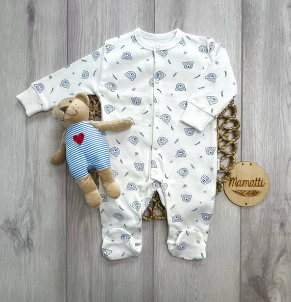 Mamatti Babystrampler Weiß mit Bären Baumwolle mit Druckknöpfen