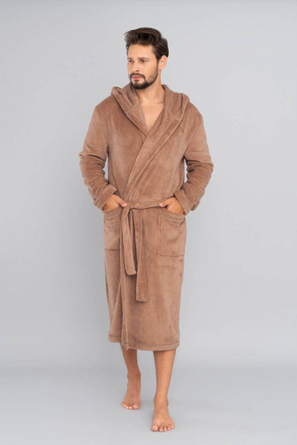 Mimas Herren Bademantel mit Kapuze Italian Fashion- camel 