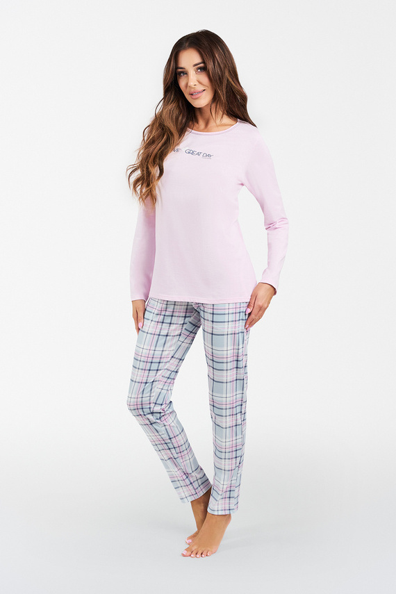 Glamour Ladies' langärmeliger Pyjama und lange Hose Italian Fashion - rosa/print