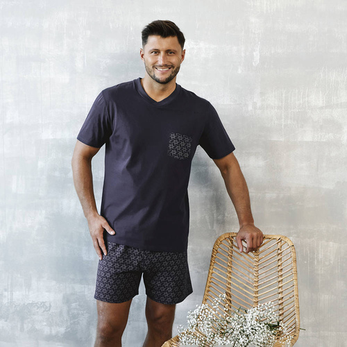 Diaz Herren Schlafanzug mit kurzen Ärmeln, Shorts Italian Fashion - navy blau/print