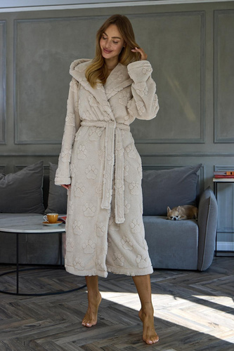 L&L Fibi 2635 Damen langer Bademantel mit Kapuze, weich, Hunde Pfoten - Angora
