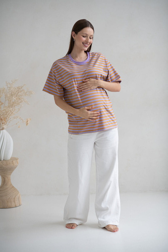 Mamahood Milk&Love Schwangerschafts- und Still-T-Shirt, honigfarbene und lila Streifen – bequem und stilvoll