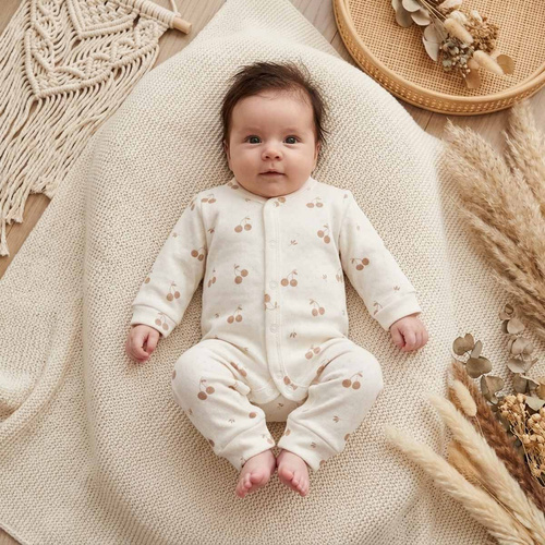 224021 Nicol Baby-Strampler 100% Baumwolle, Lochmuster, Kirschen, Cremefarben