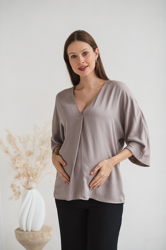 Mamafullness Milk&Love Umstands-Stillbluse, Beige – Viskose, 3/4 Ärmel, Übergröße