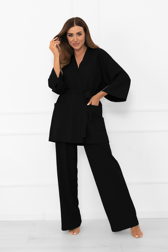 Damen Kimono schwarz - elegant mit Taillengürtel und ¾ Ärmel