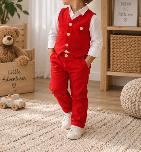 Mamatti KC014 roter Jungen-Baumwoll-Set mit Weste und Hosen mit Knöpfen