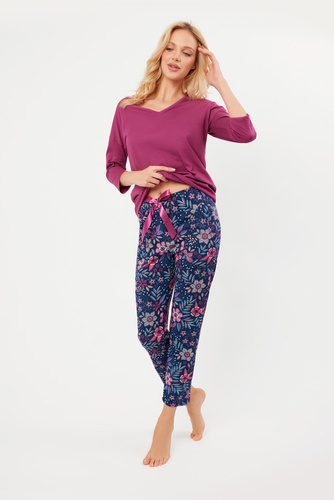 Folk Damen Schlafanzug 3/4 Ärmel, 7/8 Hose Italian Fashion - brombeer/print