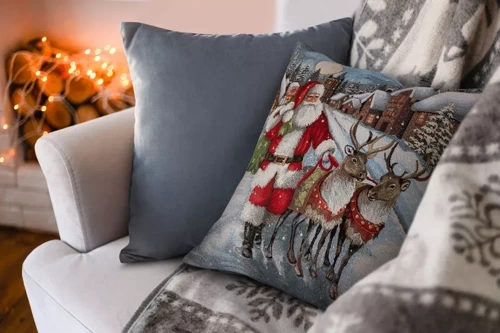 Chp 6130 Tapisserie-Weihnachtskissenbezug Weihnachtsmann Rentiere Eurocurtains grau