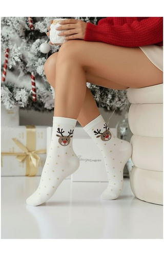1283-033 Ecrufarbene Damensocken Milena – Weihnachts-Rentier und Punkte, Baumwolle
