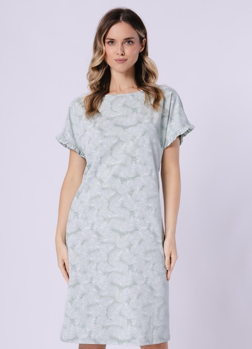 Damen Nachthemd Elif 1728 Leveza aus 100% Baumwolle – kurzarm mit Rüsche, floraler Print, luftiges Nachthemd bis zum Knie