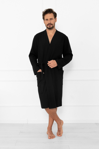 Bono Herren Bademantel Italian Fashion schwarz - mit Gürtel, geprägtes Muster, elegant und bequem