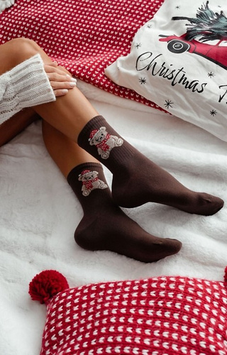 1283-031 Milena Damensocken, braun - Weihnachtsteddybär, Baumwolle