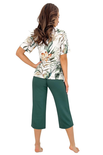 Donna Olivia 3/4 Damenpyjama aus Viskose Ecru-Grün 3/4 Hose