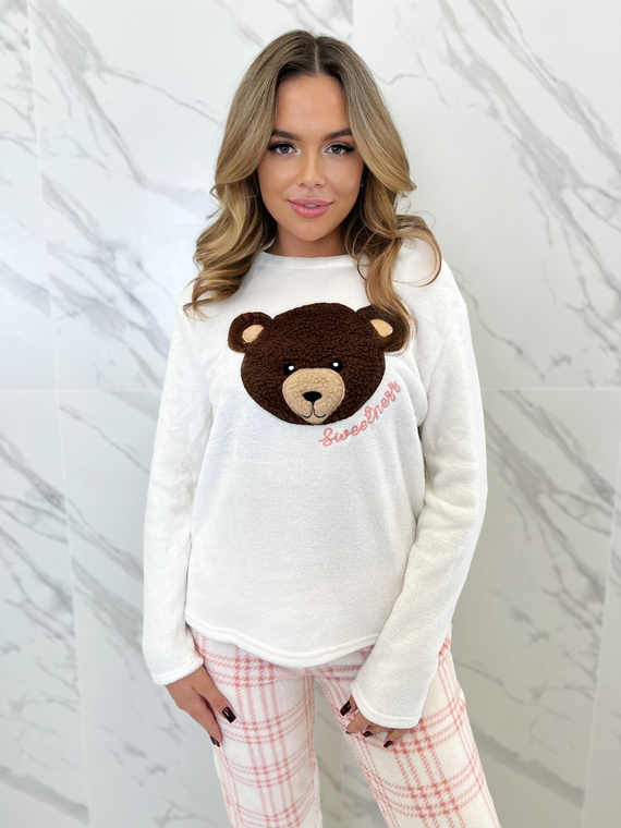 Madlen Piżama damska Sorbetto ecru – polarowa, z haftem misia i spodniami w kratkę