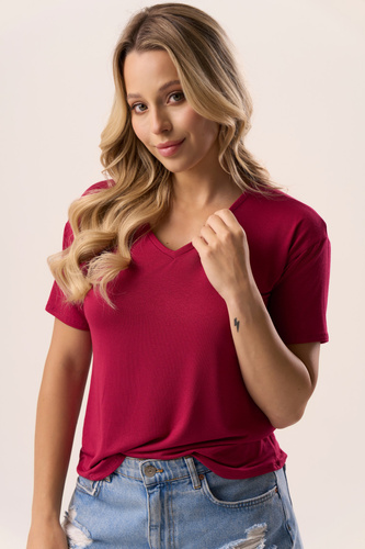Serina Burgunder Babell Bluse – Viskose, kurze Ärmel, V-Ausschnitt | stilvoll und komfortabel