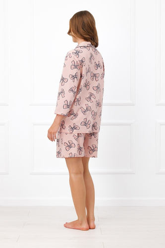 Italian Fashion Izabell Damen-Baumwoll-Pyjama 3/4-Arm, Shorts, Knöpfe, Schleifen