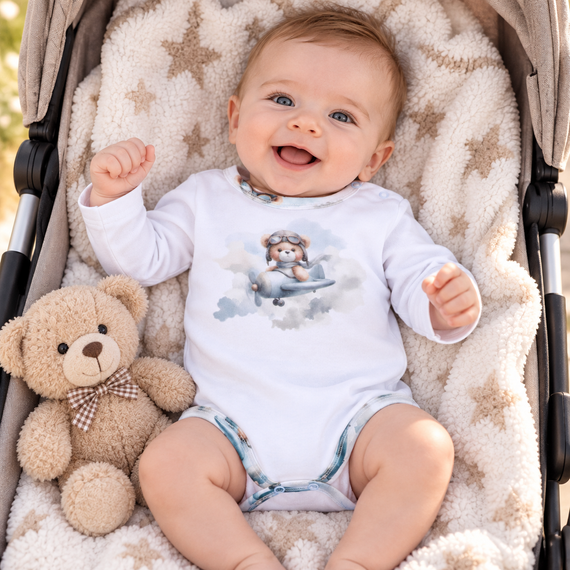 NINI ABN-5745/BIA Babybody aus 100% Bambus Baby Bear Pilot mit Druckknöpfen