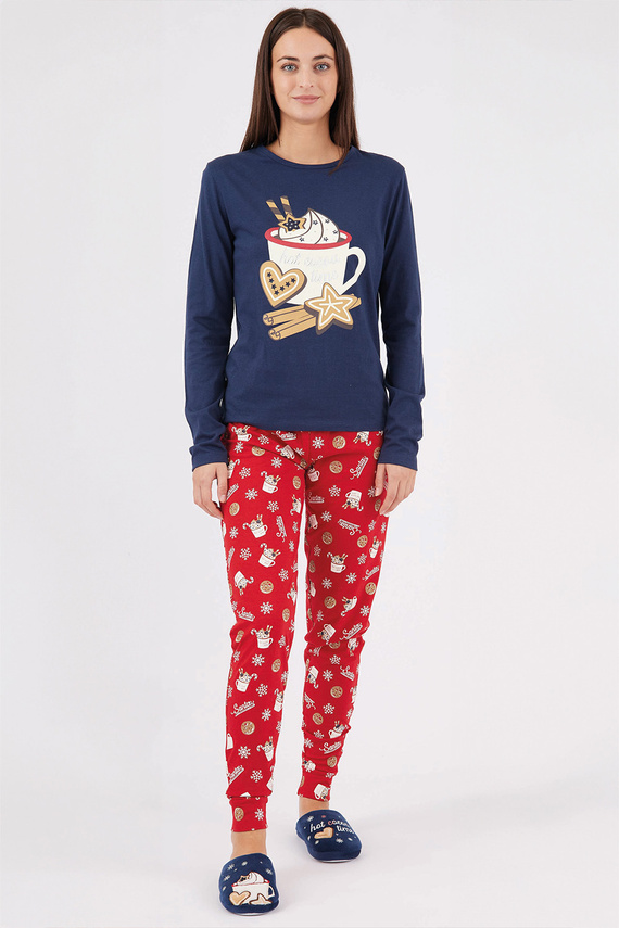 Natalie Sorbetto Marineblau – langer Weihnachtspyjama aus Baumwolle für Damen mit Schneeflocken