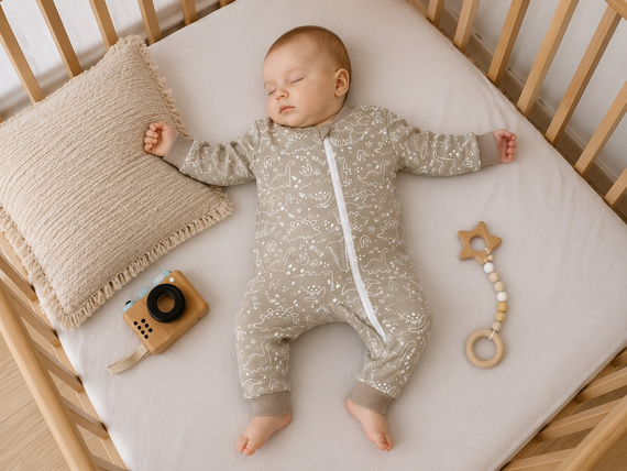 Mamatti PS16541 Baby-Strampler mit Reißverschluss aus Baumwolle, Dinosaurier, Beige