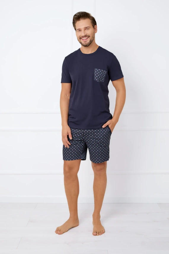 Rajmund Herren Kurzarm-Pyjama, Shorts Italian Fashion - navy blau/print