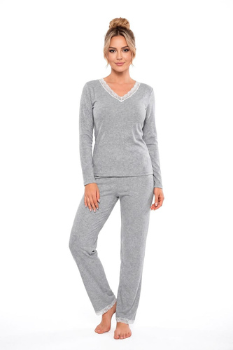 Donna Megi Long graue Damen-Pyjama mit langem Arm und Hose, Spitze