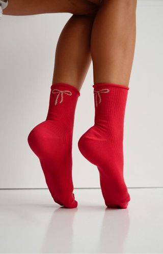 0200-193 Milena Damensocken mit Schleife, rot – gerippte Baumwolle