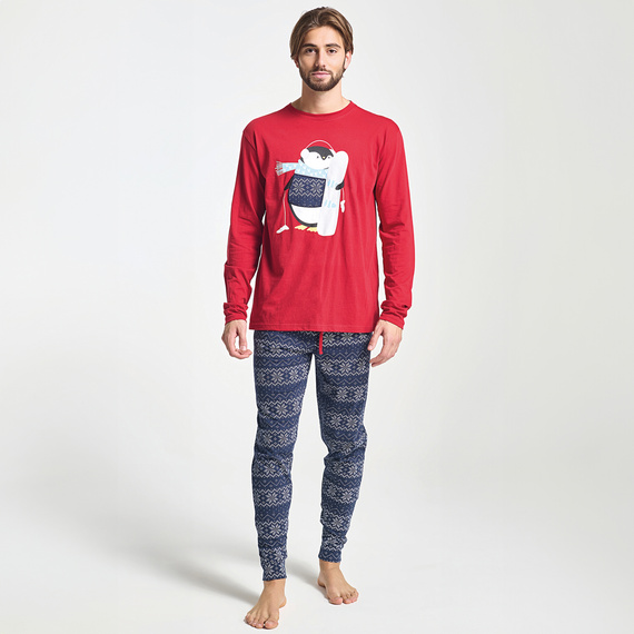 Albano Sorbetto Herren-Pyjama rot – Weihnachten, mit einem Pinguin