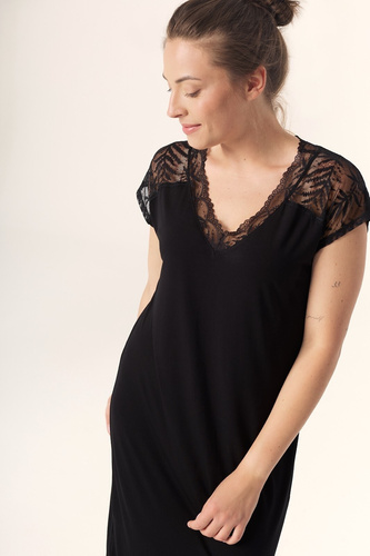 Petra KB59 Mefemi Nipplex Nachthemd, Schwarz – Viskose, Spitze, kurze Ärmel, über dem Knie