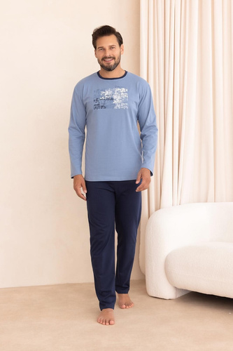 Herren-Pyjama Regina 6008 100% Baumwolle Langarm Lange Hose Blau