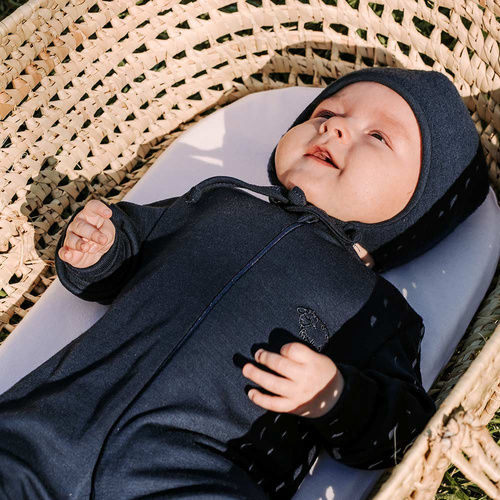 Merino Eevi Babystrampler – Marineblau, 100 % Merinowolle, Zwei-Wege-Reißverschluss