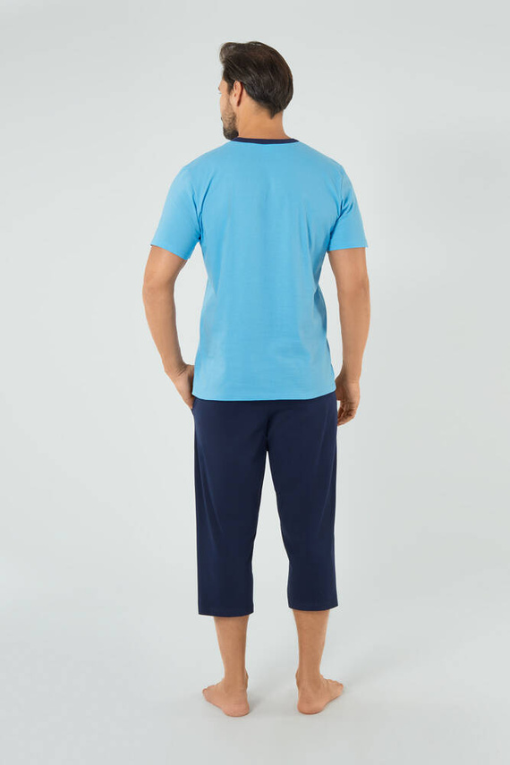 Junak Herren Kurzarm-Pyjama und 3/4 Hose Italienische Mode - blau/grün