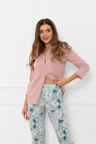 Damen Schlafanzug Sekwoja - Baumwolle, 3/4 Ärmel und Hose, mit Knöpfen Italian Fashion  