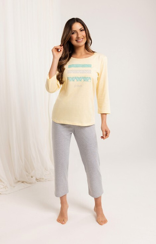 709 Damen-Pyjama aus gelber Baumwolle – 3/4-Ärmel, 3/4-Hosen, bunter Aufdruck