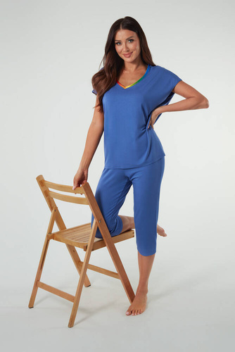 Paola Damen Kurzarm-Pyjama, 3/4 Hose Italienische Mode - blau