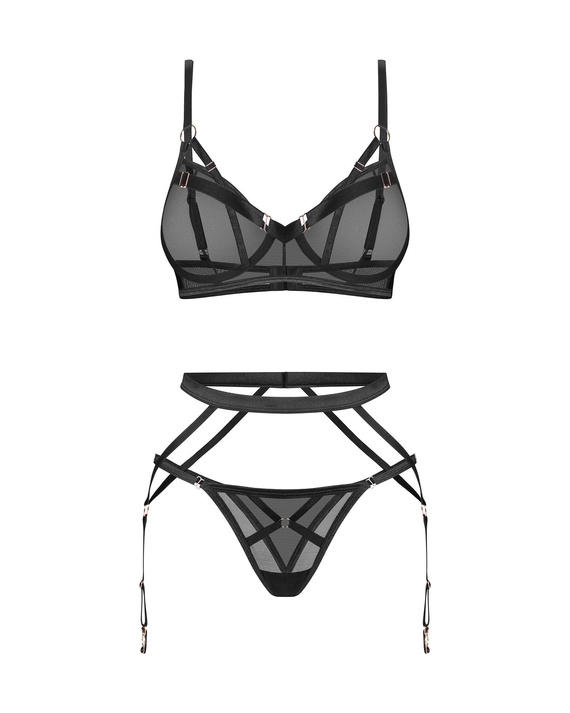Euridia 3-teiliges Obsessive-Set in Schwarz – BH, Tanga und Strumpfgürtel