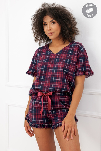 Italian Fashion Brenda Damen-Pyjama Mega Soft kariert, Shorts mit Rüschen
