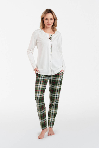 Asama Unbuttoned Ladies' Pyjamas lange Ärmel, lange Hosen Italian Fashion - ecru/print