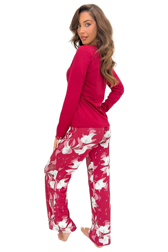Damen-Pyjama Donna Brigitte Long Bordeaux Viskose Spitze Langarm