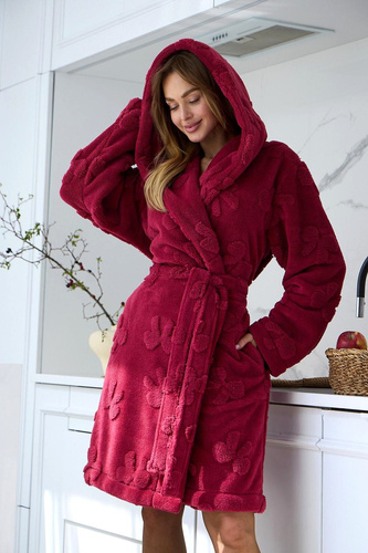 L&L Maya 2630 Damenkurz-Bademantel mit Kapuze, weich, geprägt - Sangria