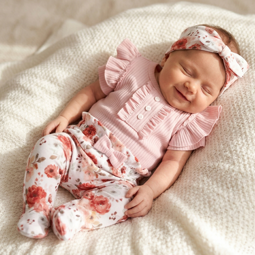 ABK-0056 NINI Roses Baby-Set aus Bio-Baumwolle Body, Stirnband, Halbschlafanzug