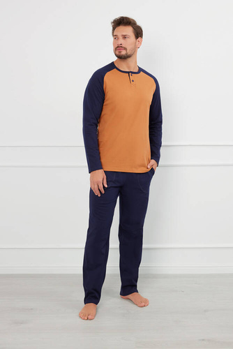 Alexander Herren Schlafanzug langarm, lange Hose Italian Fashion - cognac/grenade