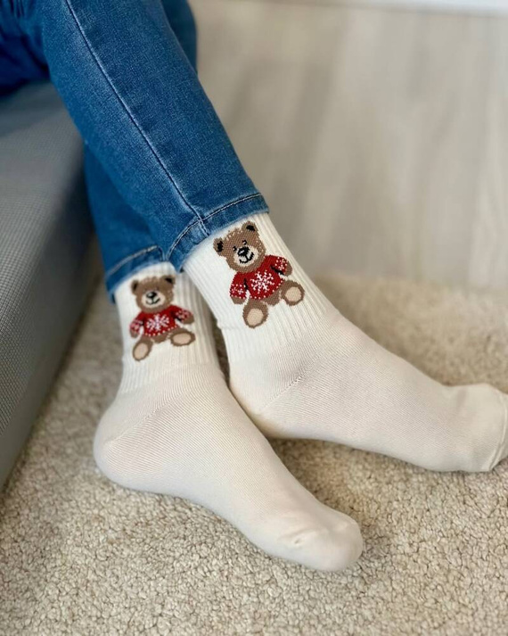 0200-132 Teddybär im Pullover Weihnachts-Milena-Damensocken – ecru